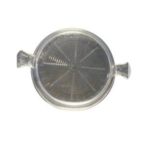 VINTAGE FIRE-KING / ANCHOR HOCKING 8 1/4" CLEAR GLASS RAISED TRIVET W/ HANDLE